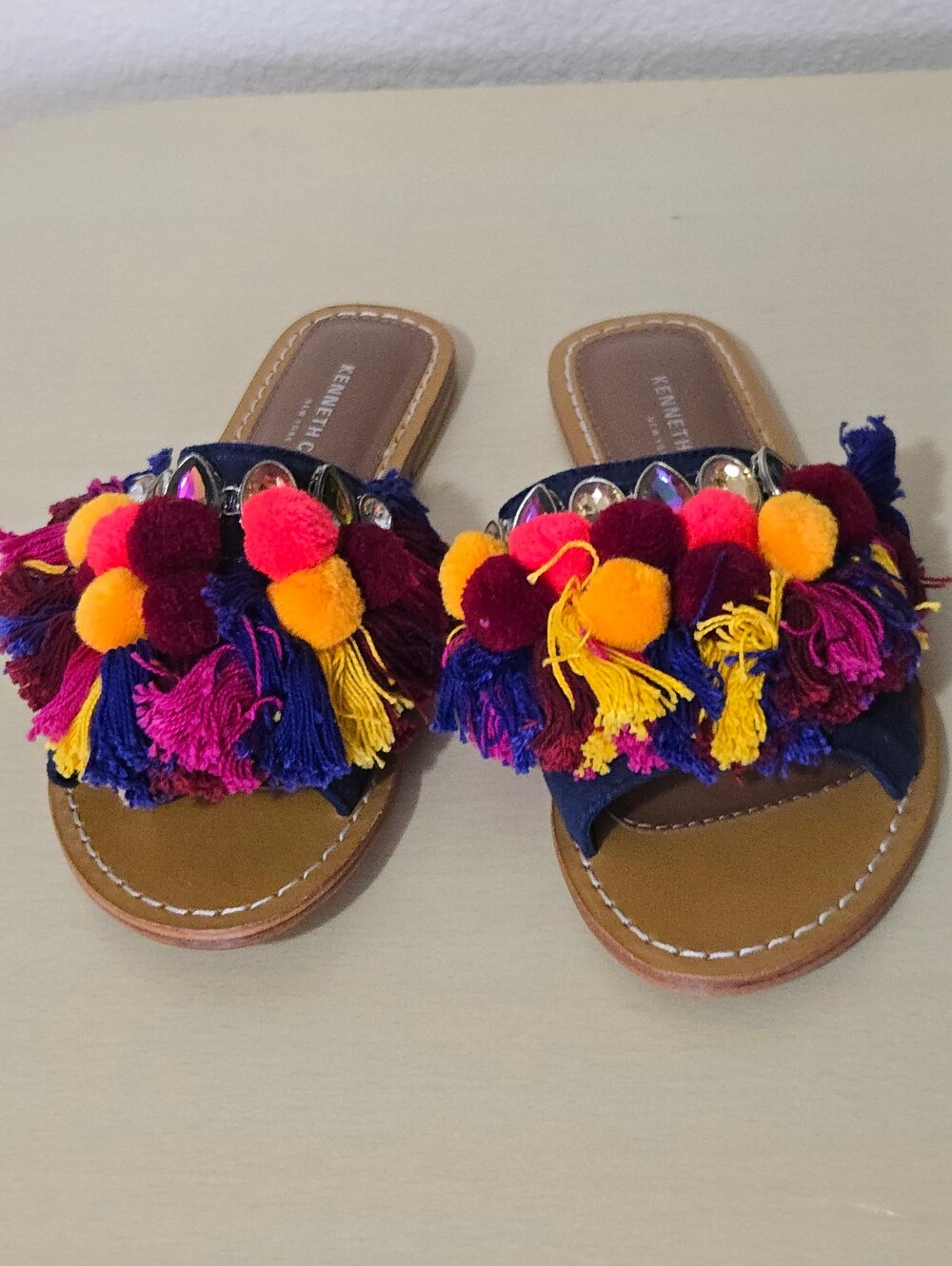 Kenneth Cole New York Osmond Slide Sandals - Fringe Pom Pom - Boho-Chic - Size 7